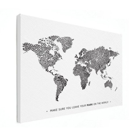 Fingerabdruck Weltkarte Schwarz-Weiß mit Text Leinwand