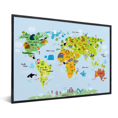 Weltkarte Lustige Tiere im Rahmen