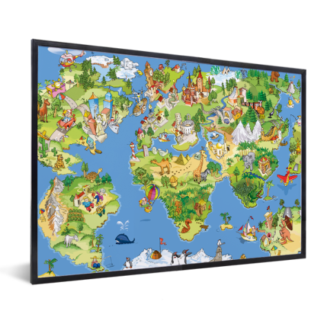 Weltkarte Tiere & Gebäude im Rahmen