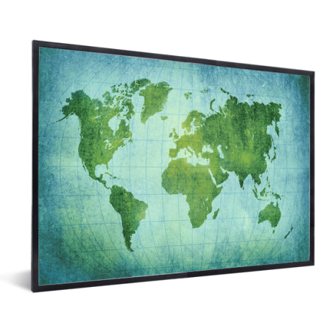 Weltkarte Pergament Kräftig Grün im Rahmen