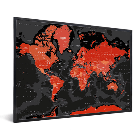 Weltkarte Rot – Schwarz im Rahmen