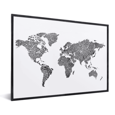 Fingerabdruck Weltkarte Schwarz-Weiß im Rahmen