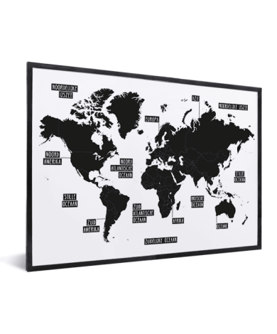 Einfache Weltkarte Schwarz-Weiß im Rahmen