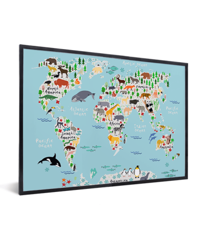 Weltkarte unser Tierreich im Rahmen