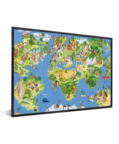 Weltkarte Tiere & Gebäude im Rahmen