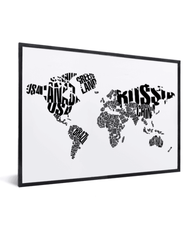 Weltkarte Text Schwarz im Rahmen