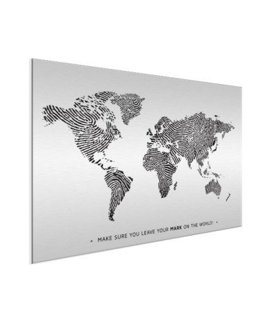 Fingerabdruck Weltkarte Schwarz-Weiß mit Text Aluminium