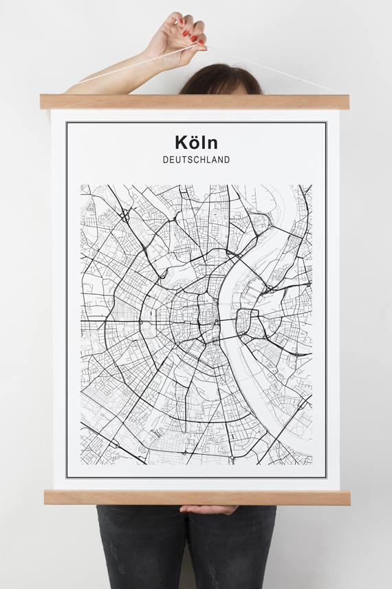 Stadtkarte Köln auf Textilposter mit Latten