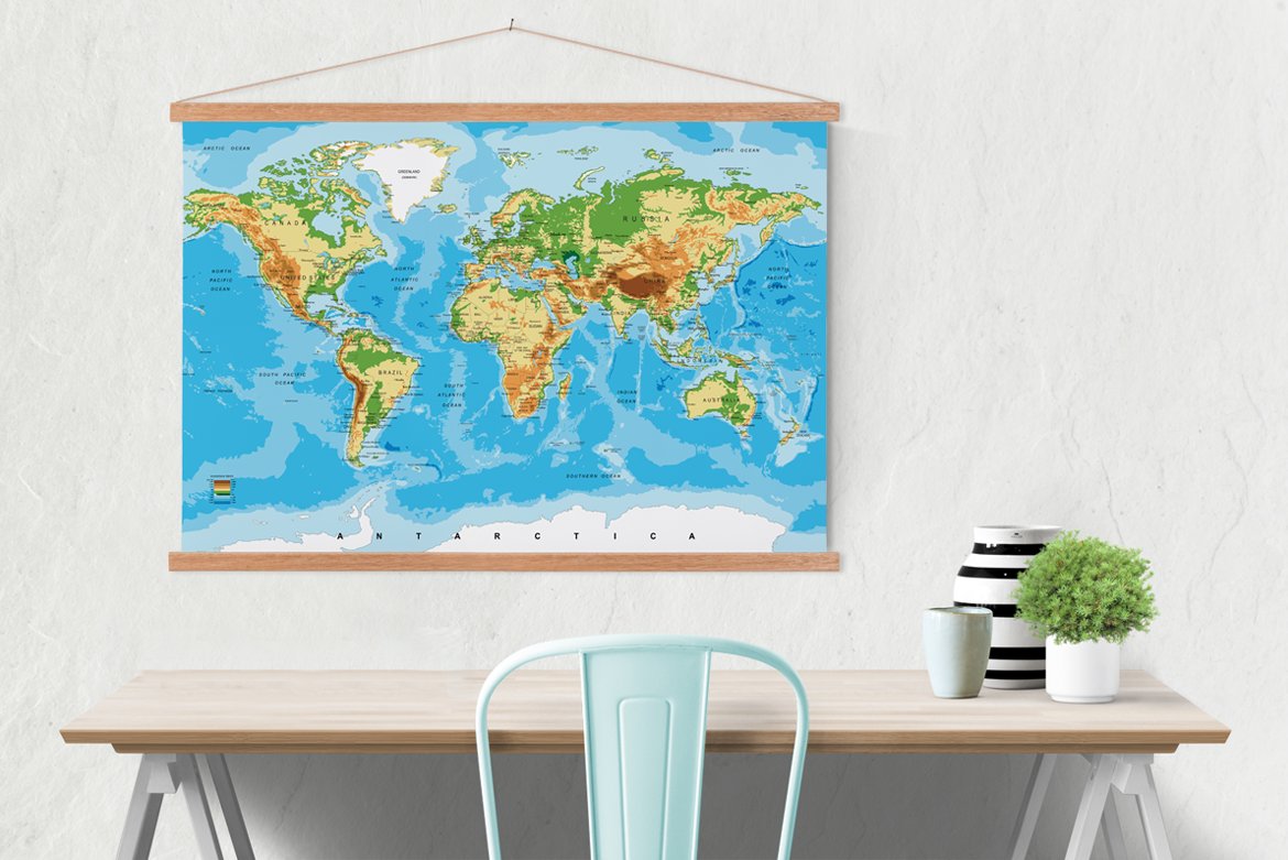 Klassische Weltkarte Textilposter mit Latten