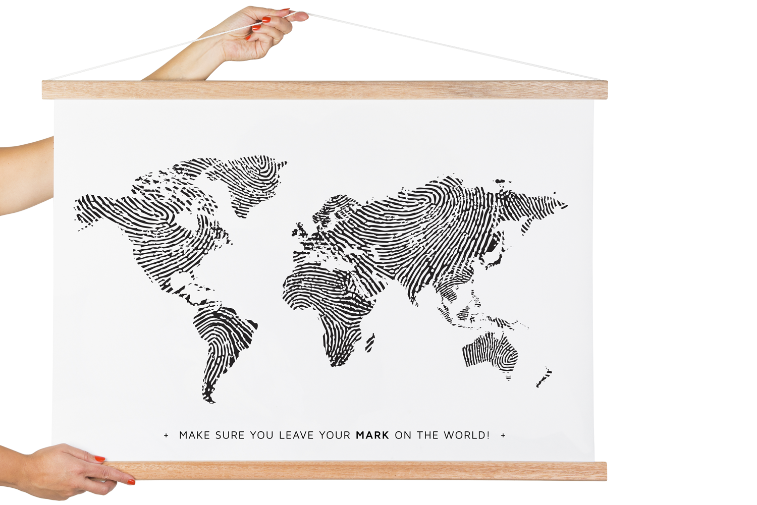 Weltkarte Textilposter mit Latten schwarz weiss